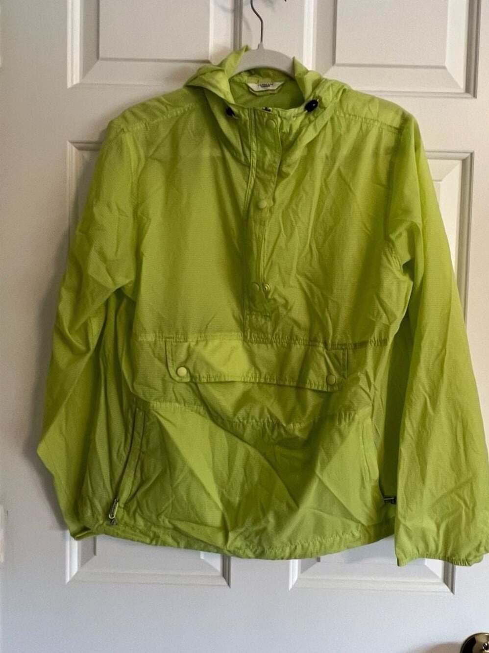 Lands' End Canvas Women's Neon Lime Green Packable Hooded Anorak Windbreaker Jac
